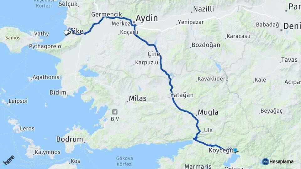 Muğla Köyceğiz Kuşadası Aydın Arası Kaç Km - Yol Haritası