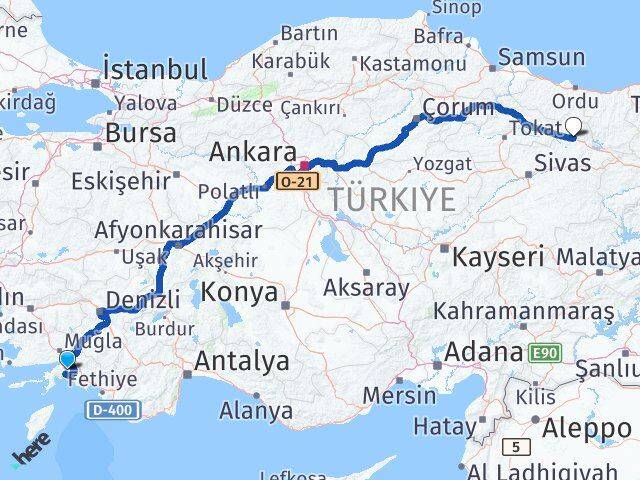 Muğla Koyulhisar Sivas Arası Kaç Km - Yol Haritası