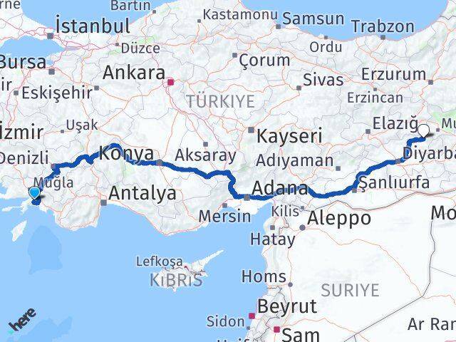 Muğla Kulp Diyarbakır Arası Kaç Km - Yol Haritası