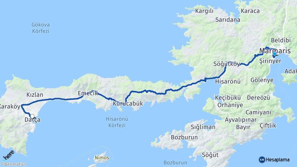 Muğla Marmaris Siteler Datça Arası Kaç Km - Yol Haritası