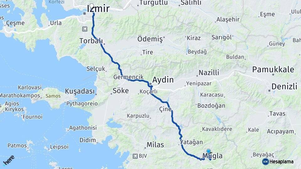 Muğla Menteşe Bornova İzmir Arası Kaç Km - Yol Haritası