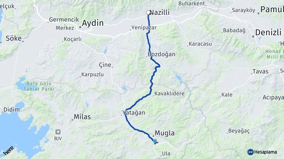 Muğla Menteşe Kötekli Nazilli Aydın Arası Kaç Km - Yol Haritası