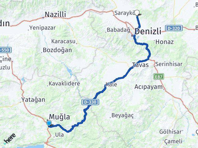Muğla Menteşe Kötekli Pamukkale Denizli Arası Kaç Km - Yol Haritası
