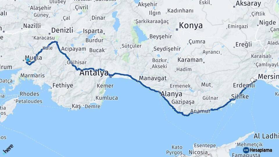 Muğla Mezitli Mersin Arası Kaç Km - Yol Haritası