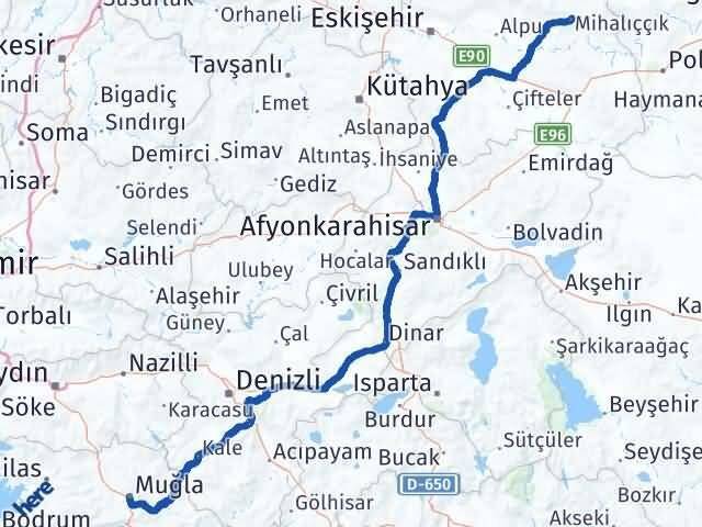 Muğla Mihalıççık Eskişehir Arası Kaç Km - Yol Haritası