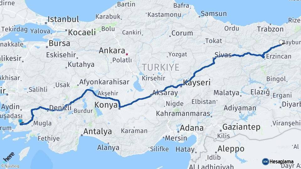 Muğla Milas Bayburt Arası Kaç Km - Yol Haritası
