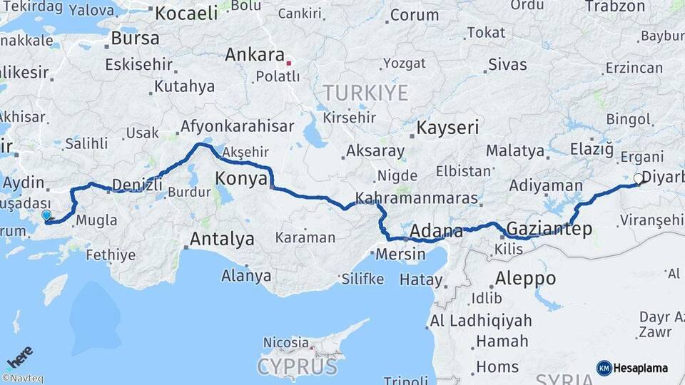 Muğla Milas Diyarbakır Arası Kaç Km - Yol Haritası