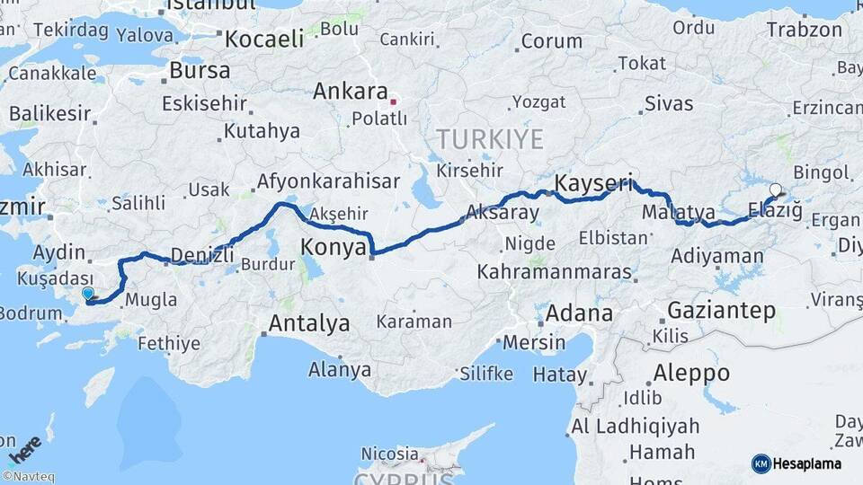 Muğla Milas Elazığ Arası Kaç Km - Yol Haritası