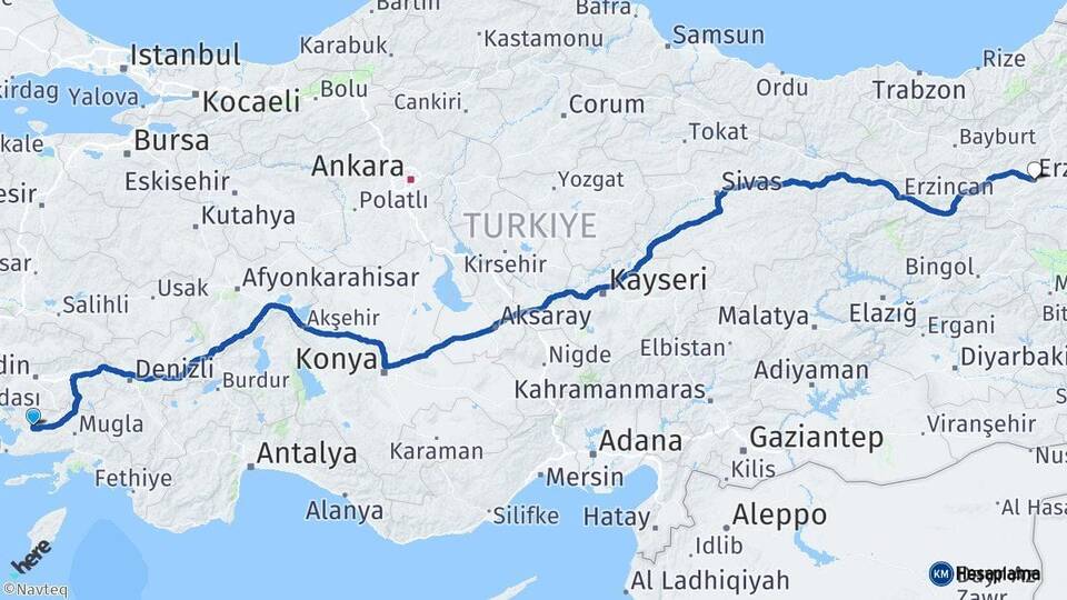 Muğla Milas Erzurum Arası Kaç Km - Yol Haritası