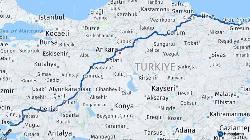 Muğla Milas Giresun Arası Kaç Km - Yol Haritası