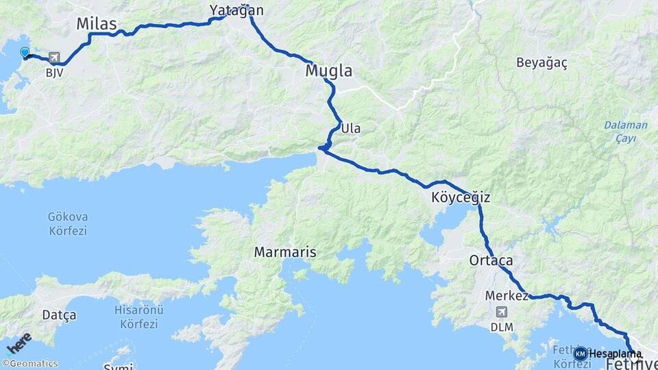 Muğla Milas Güllük Fethiye Arası Kaç Km - Yol Haritası