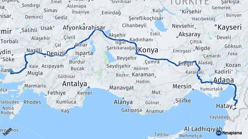Muğla Milas Hatay Arası Kaç Km - Yol Haritası