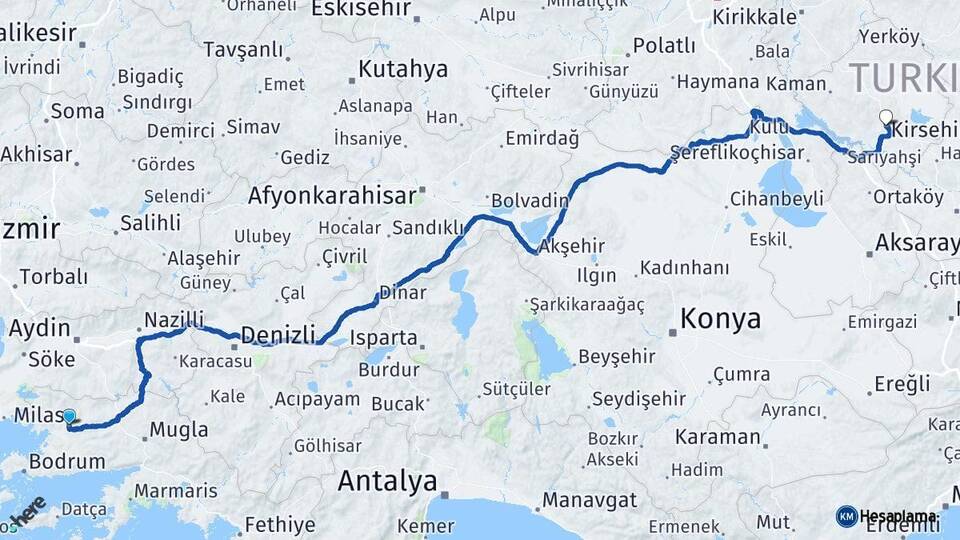 Muğla Milas Kırşehir Arası Kaç Km - Yol Haritası
