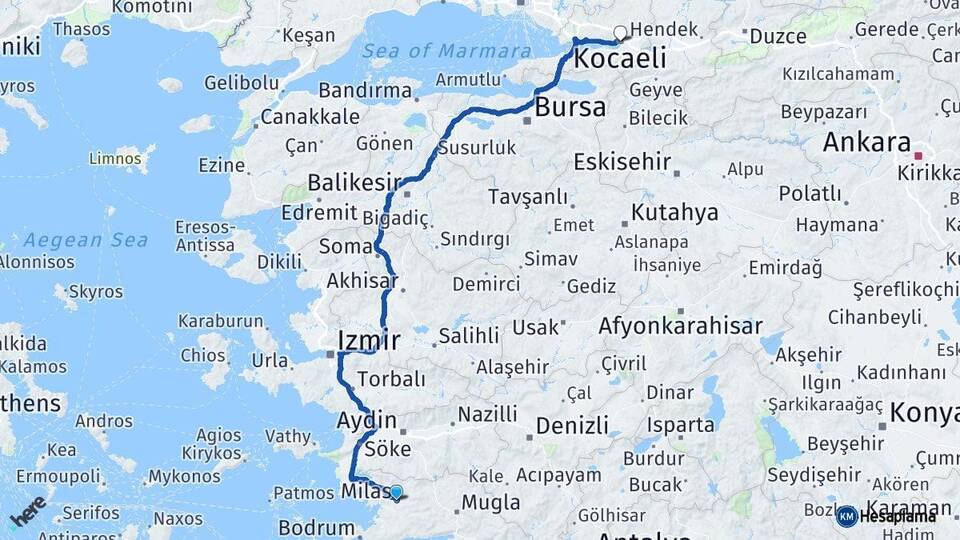 Muğla Milas Kocaeli Arası Kaç Km - Yol Haritası
