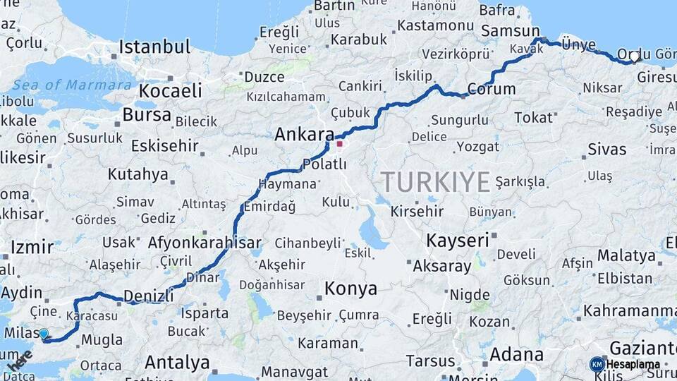 Muğla Milas Ordu Arası Kaç Km - Yol Haritası