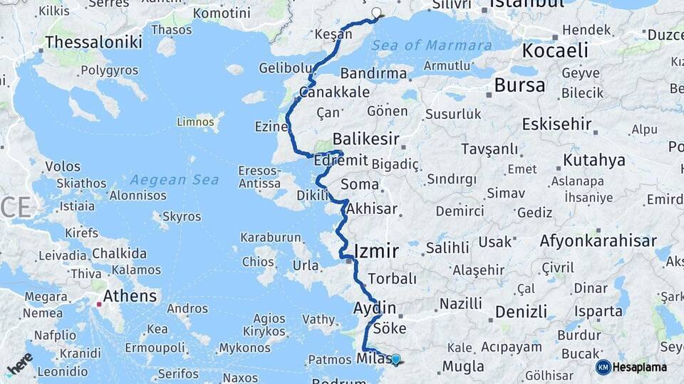 Muğla Milas Tekirdağ Arası Kaç Km - Yol Haritası