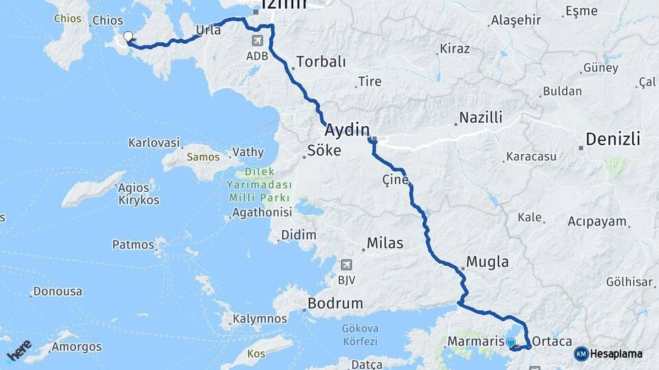 Muğla Ortaca Dalyan Alaçatı Çeşme İzmir Arası Kaç Km - Yol Haritası