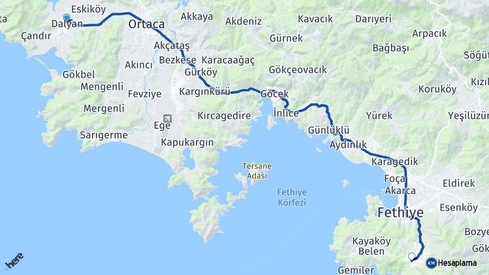 Muğla Ortaca Dalyan Ölüdeniz Fethiye Arası Kaç Km - Yol Haritası