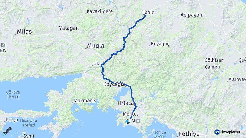 Muğla Ortaca Sarıgerme Kale Denizli Arası Kaç Km - Yol Haritası