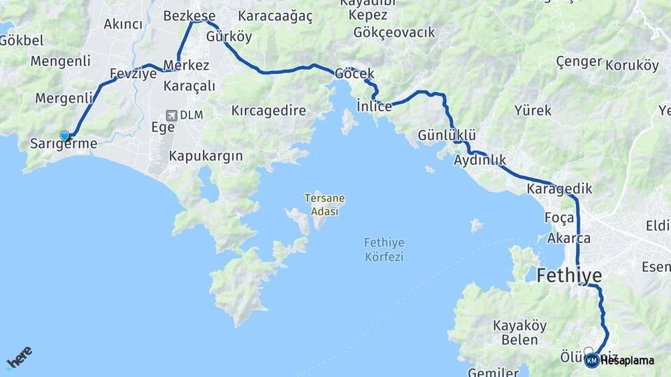 Muğla Ortaca Sarıgerme Ölüdeniz Fethiye Arası Kaç Km - Yol Haritası