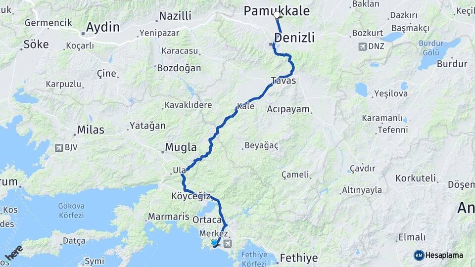 Muğla Ortaca Sarıgerme Pamukkale Denizli Arası Kaç Km - Yol Haritası
