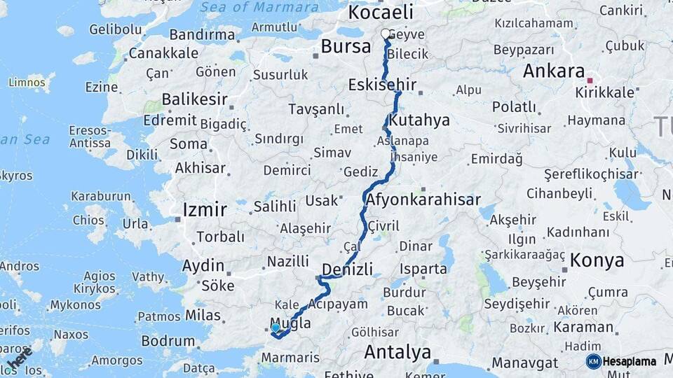 Muğla Osmaneli Bilecik Arası Kaç Km - Yol Haritası