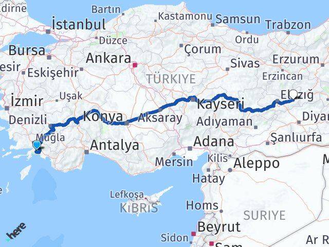Muğla Palu Elazığ Arası Kaç Km - Yol Haritası
