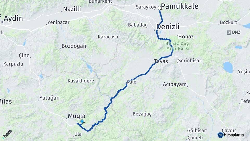 Muğla Pamukkale Denizli Arası Kaç Km - Yol Haritası