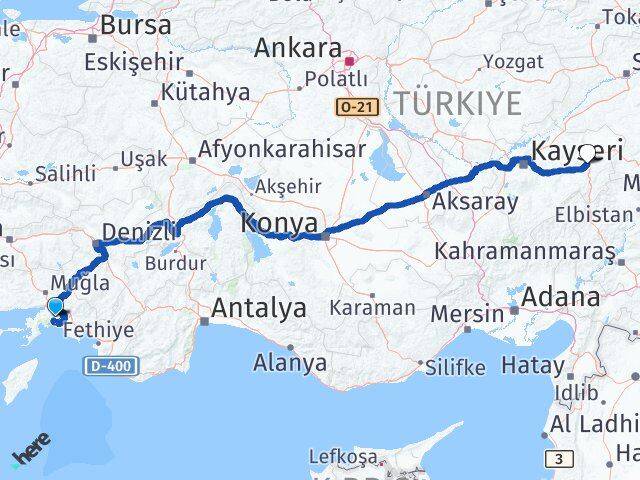 Muğla Pınarbaşı Kayseri Arası Kaç Km - Yol Haritası