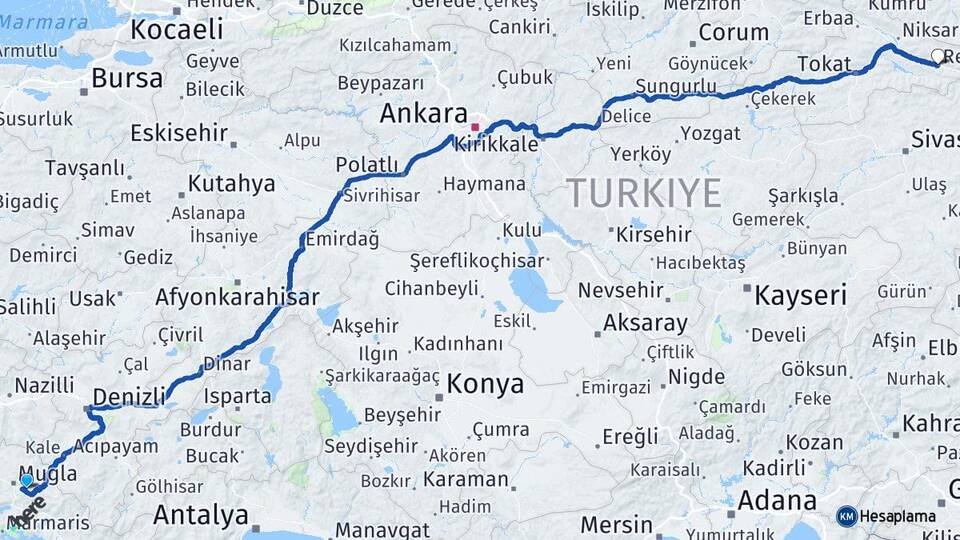 Muğla Reşadiye Tokat Arası Kaç Km - Yol Haritası