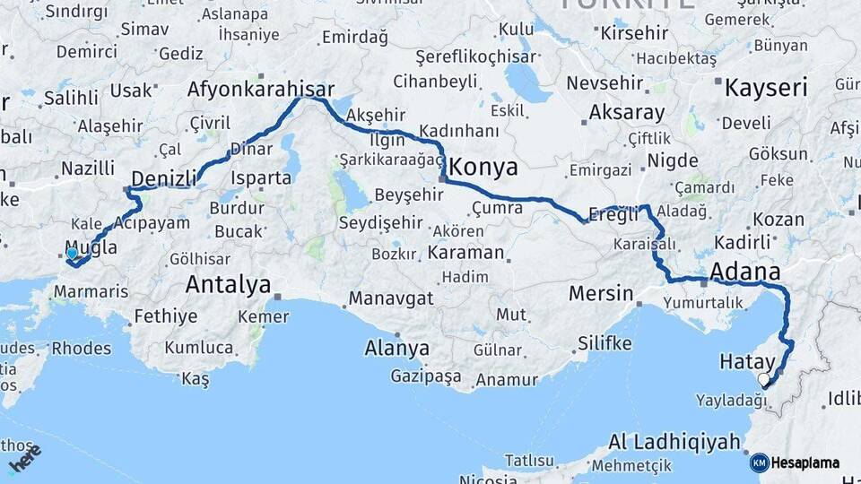Muğla Samandağ Hatay Arası Kaç Km - Yol Haritası