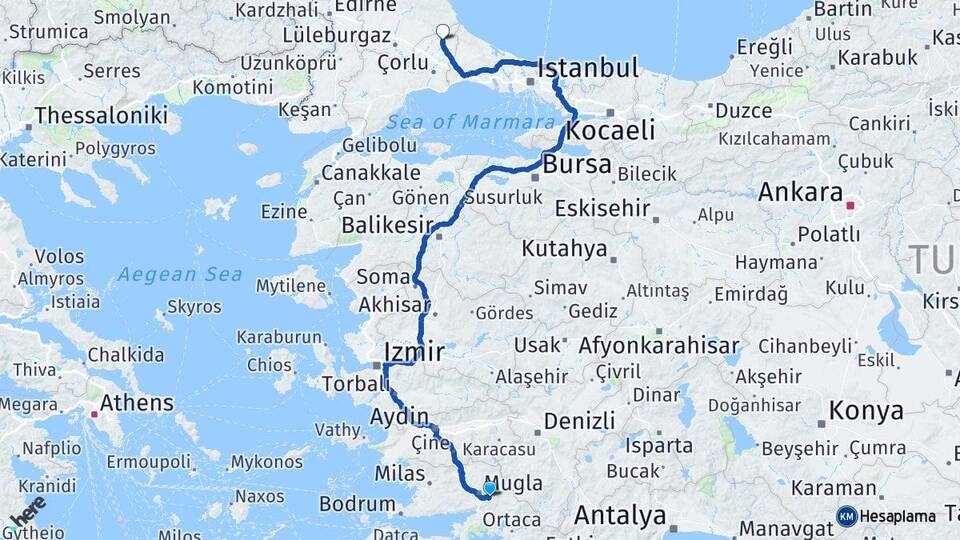 Muğla Saray Tekirdağ Arası Kaç Km - Yol Haritası