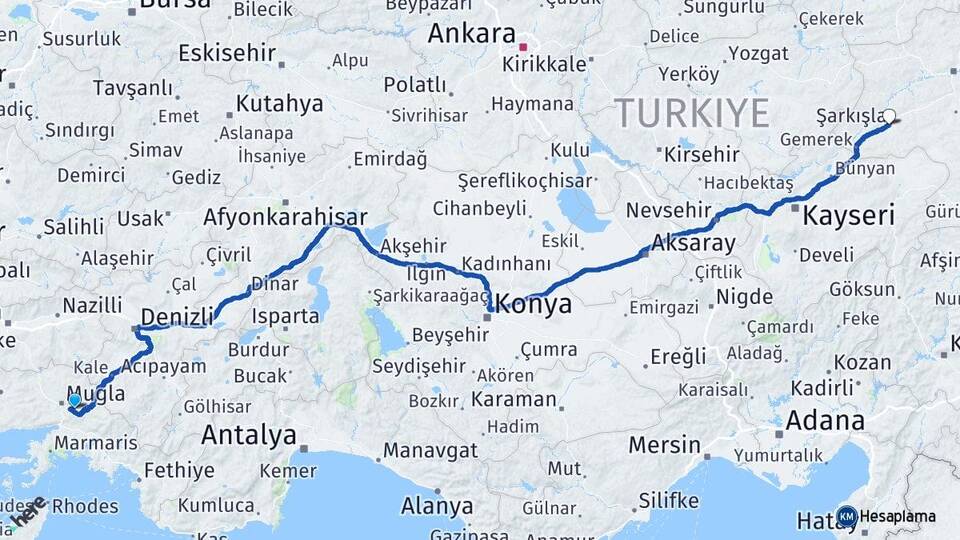 Muğla Şarkışla Sivas Arası Kaç Km - Yol Haritası