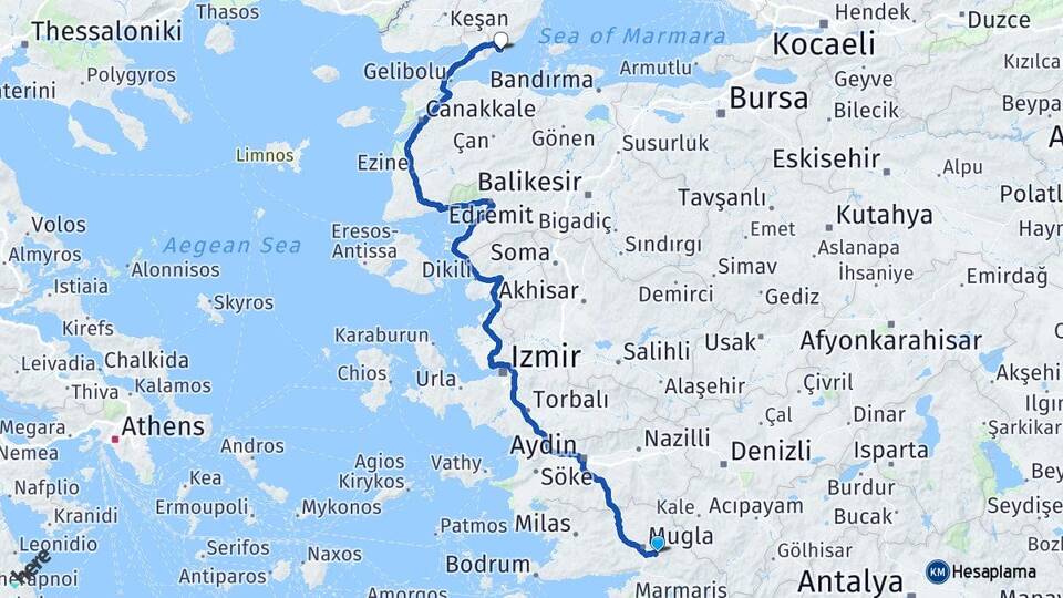 Muğla Şarköy Tekirdağ Arası Kaç Km - Yol Haritası