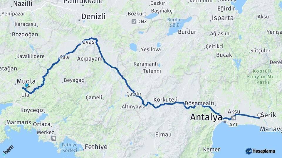 Muğla Serik Antalya Arası Kaç Km - Yol Haritası
