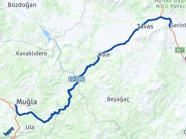 Muğla Serinhisar Denizli Arası Kaç Km - Yol Haritası