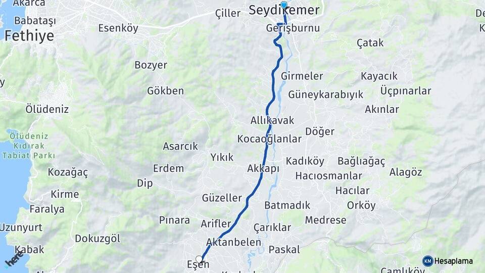 Muğla Seydikemer Eşen Seydikemer Arası Kaç Km - Yol Haritası