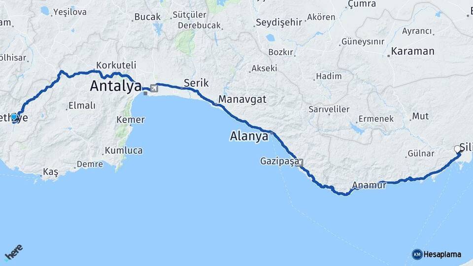Muğla Seydikemer Silifke Mersin Arası Kaç Km - Yol Haritası