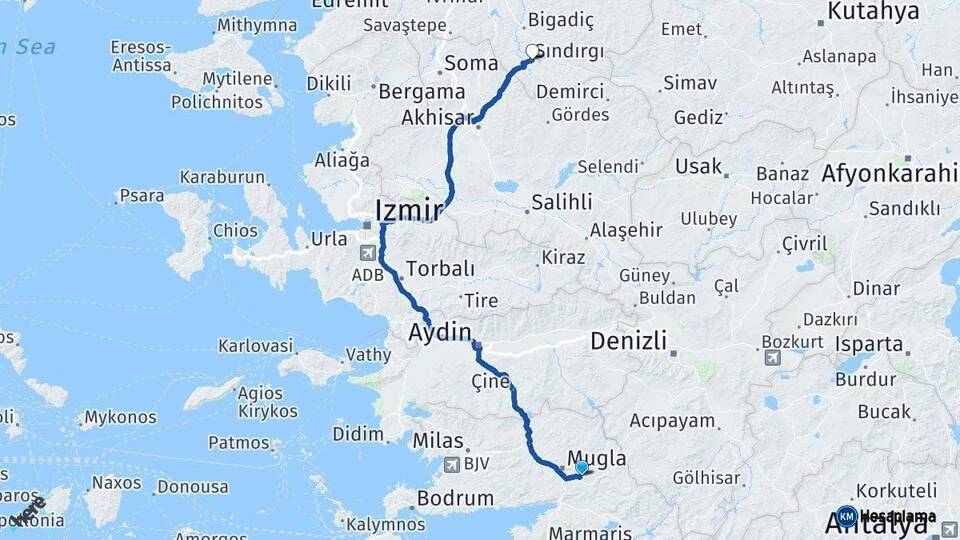 Muğla Sındırgı Balıkesir Arası Kaç Km - Yol Haritası