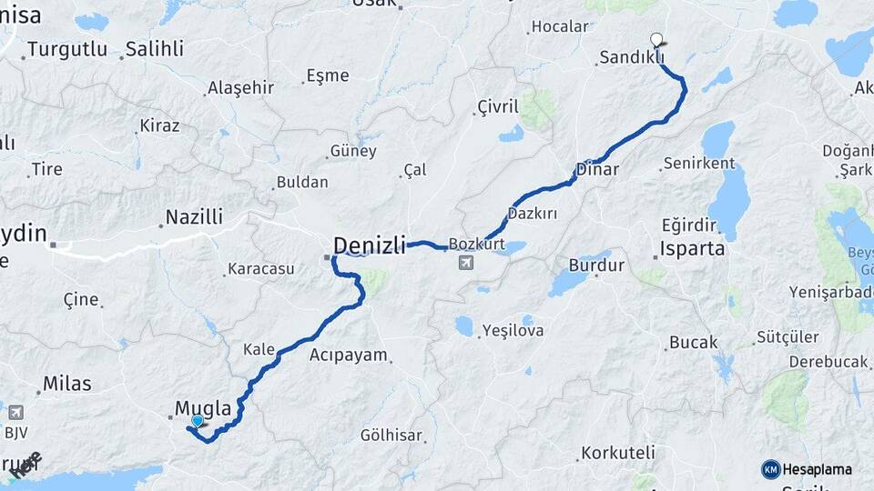 Muğla Şuhut Afyonkarahisar Arası Kaç Km - Yol Haritası