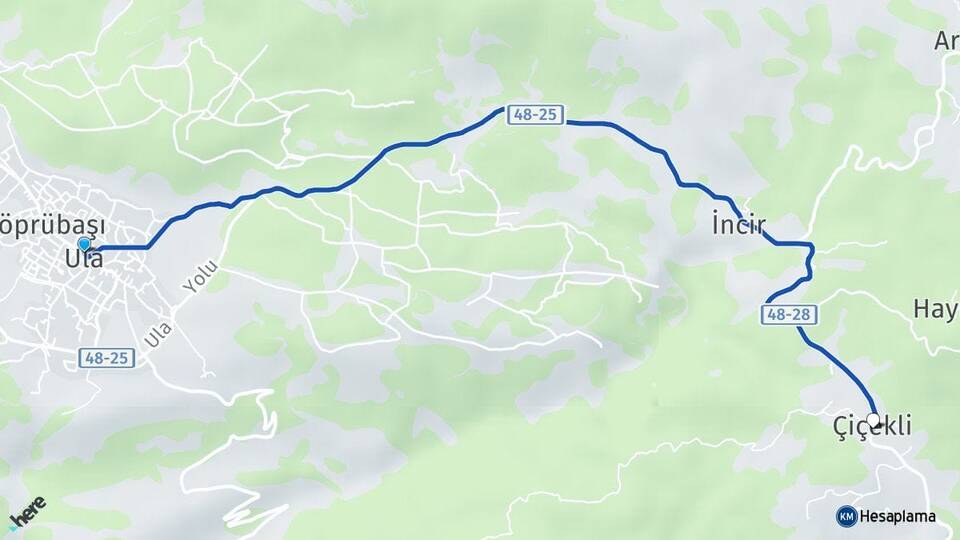 Muğla Ula Çiçekli Ula Arası Kaç Km - Yol Haritası