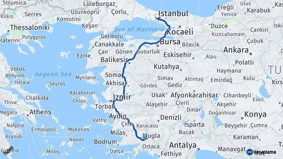 Muğla Üsküdar İstanbul Arası Kaç Km - Yol Haritası
