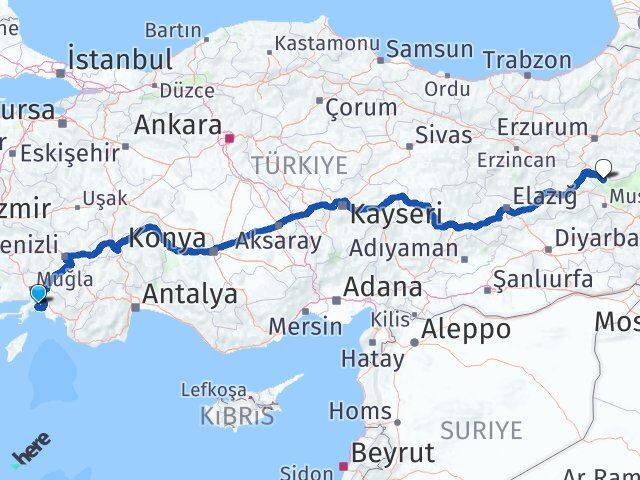 Muğla Varto Muş Arası Kaç Km - Yol Haritası