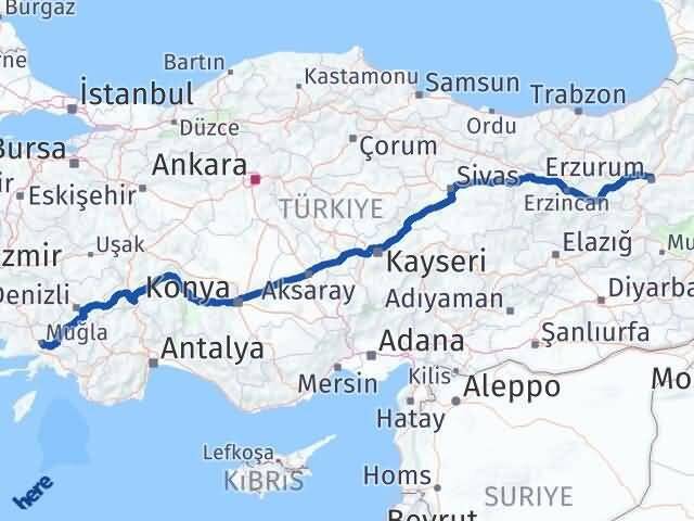 Muğla Yakutiye Erzurum Arası Kaç Km - Yol Haritası