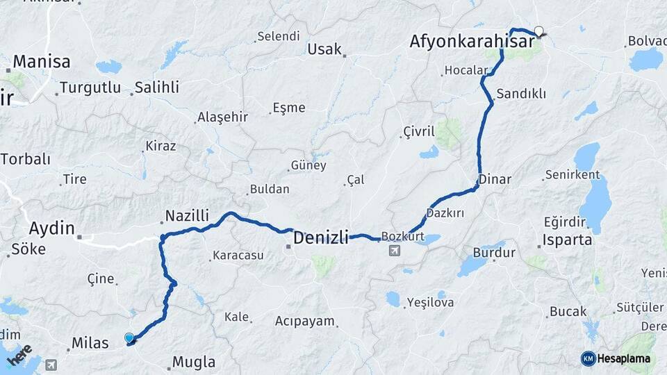 Muğla Yatağan Afyonkarahisar Arası Kaç Km - Yol Haritası