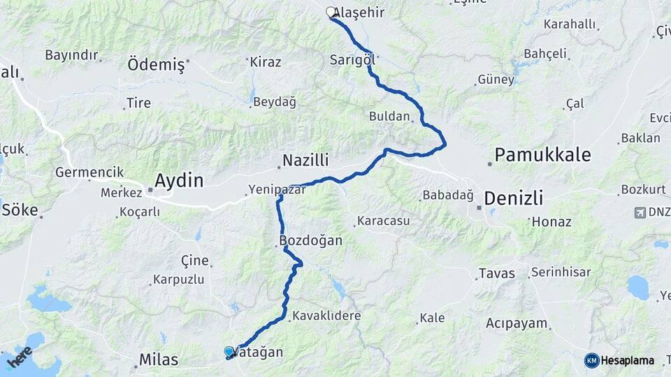 Muğla Yatağan Alaşehir Manisa Arası Kaç Km - Yol Haritası