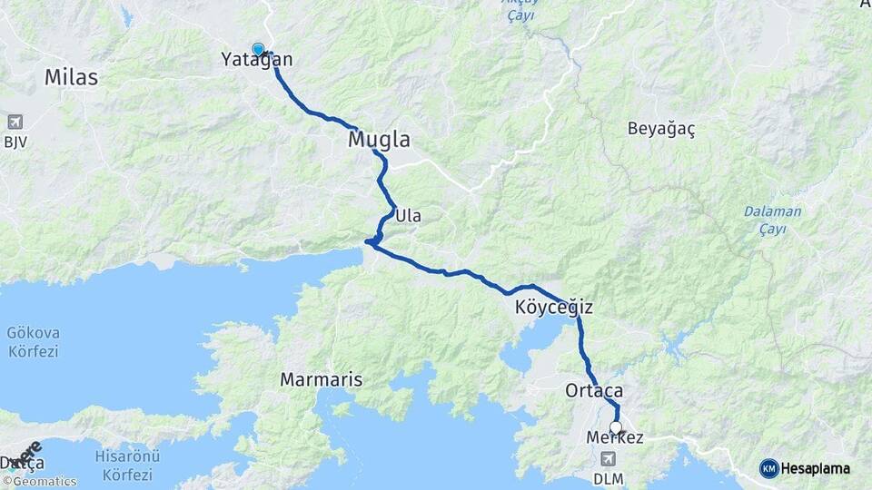 Muğla Yatağan Dalaman Arası Kaç Km - Yol Haritası