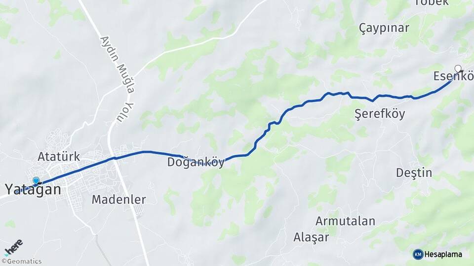 Muğla Yatağan Esenköy Yatağan Arası Kaç Km - Yol Haritası