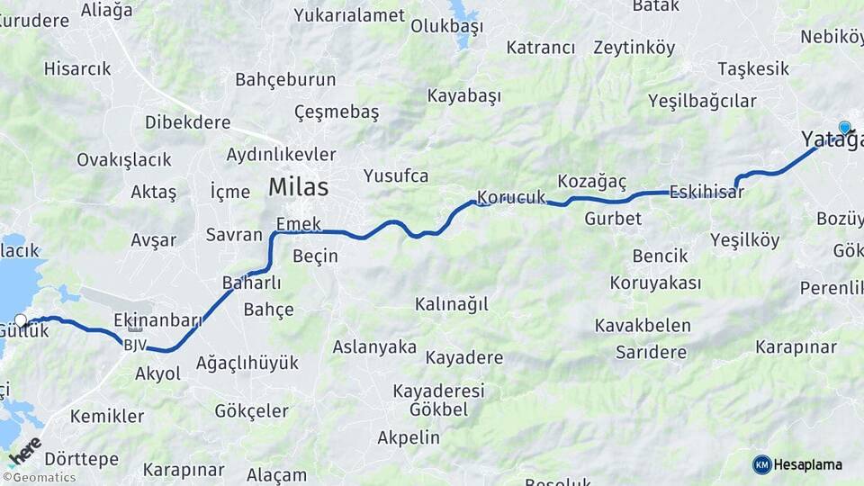 Muğla Yatağan Güllük Milas Arası Kaç Km - Yol Haritası