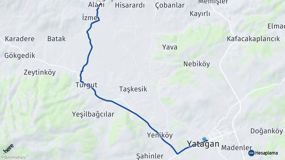 Muğla Yatağan Hacıveliler Yatağan Arası Kaç Km - Yol Haritası